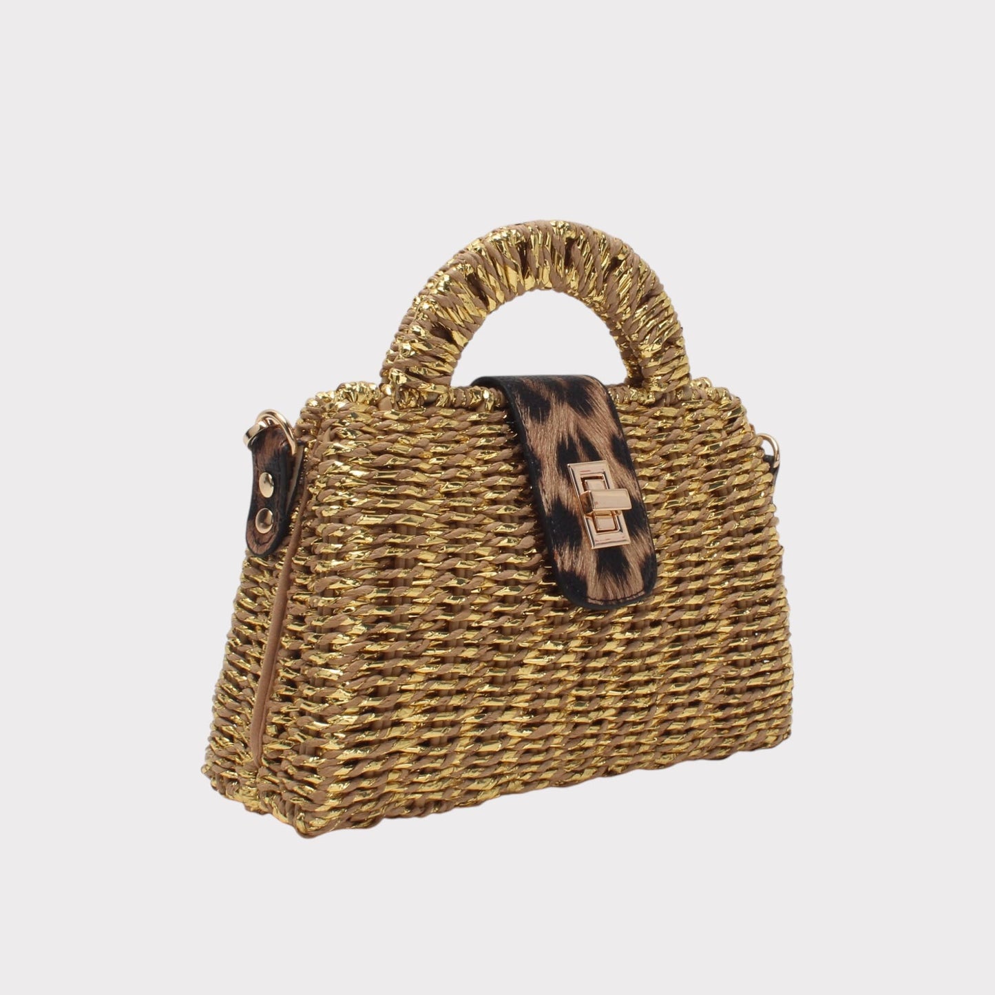 Bolso bandolera caja, solapa de leopardo, cierre clásico: Brillante Natural