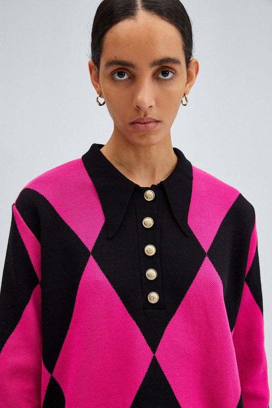 TÚNICA DE PUNTO CON CUELLO POLO ESTAMPADO DE DIAMANTES: Fucsia