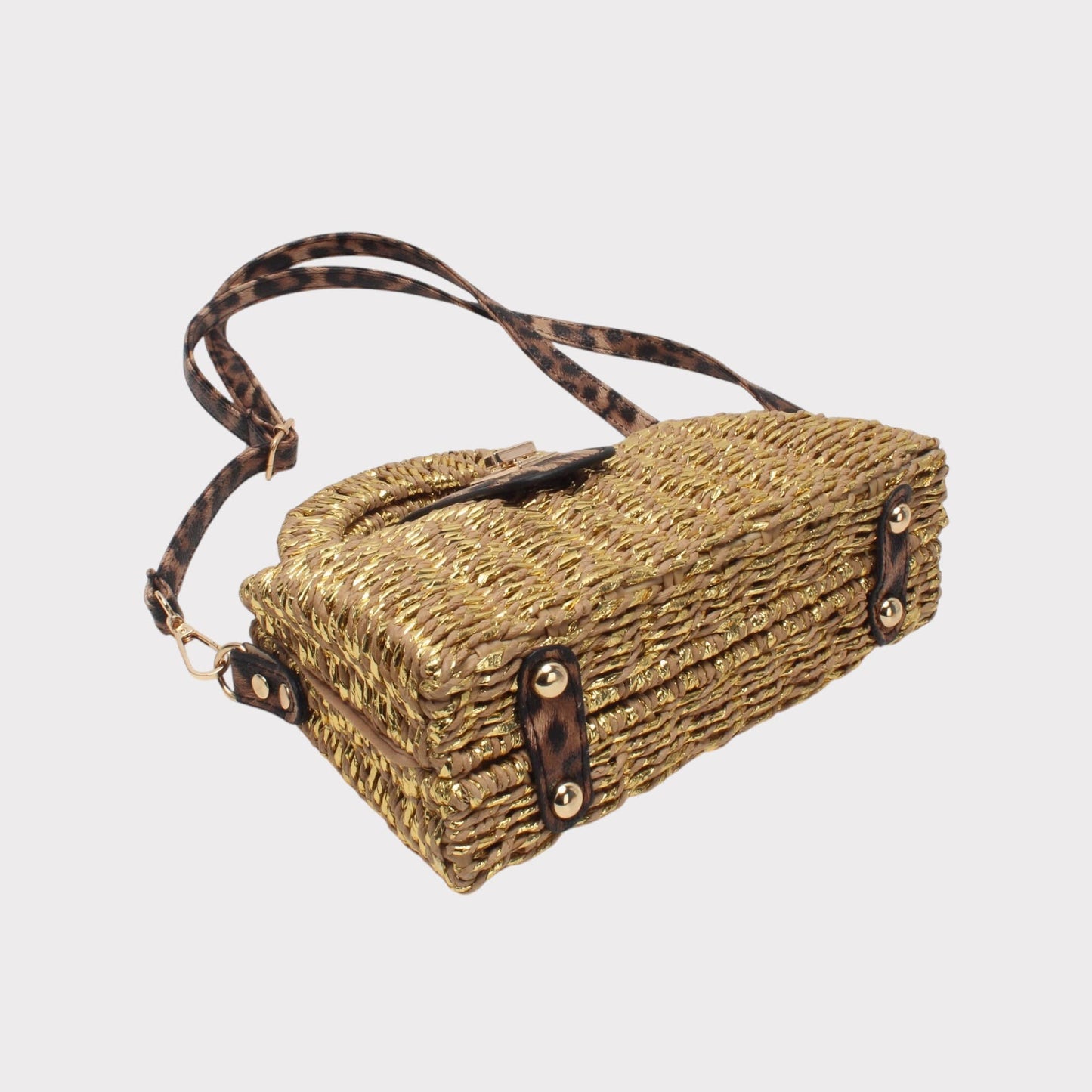 Bolso bandolera caja, solapa de leopardo, cierre clásico: Brillante Natural