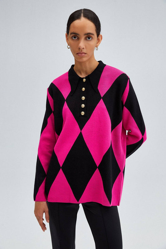 TÚNICA DE PUNTO CON CUELLO POLO ESTAMPADO DE DIAMANTES: Fucsia