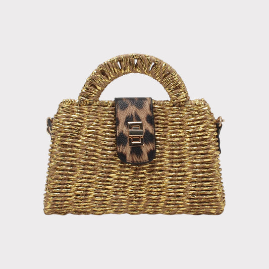 Bolso bandolera caja, solapa de leopardo, cierre clásico: Brillante Natural