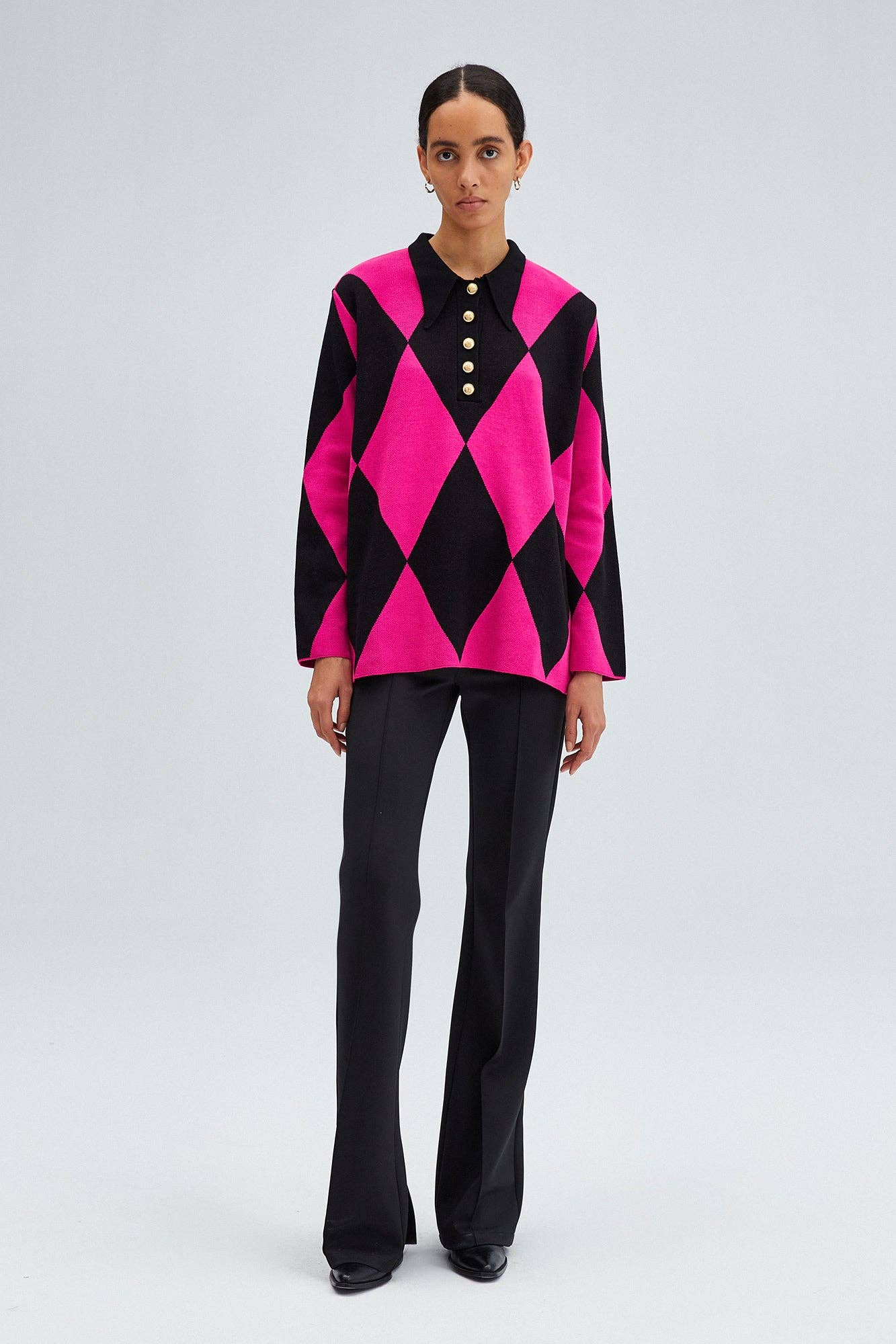 TÚNICA DE PUNTO CON CUELLO POLO ESTAMPADO DE DIAMANTES: Fucsia