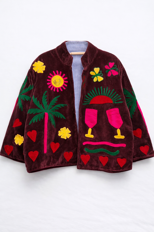 Chaqueta de terciopelo bordada burdeos