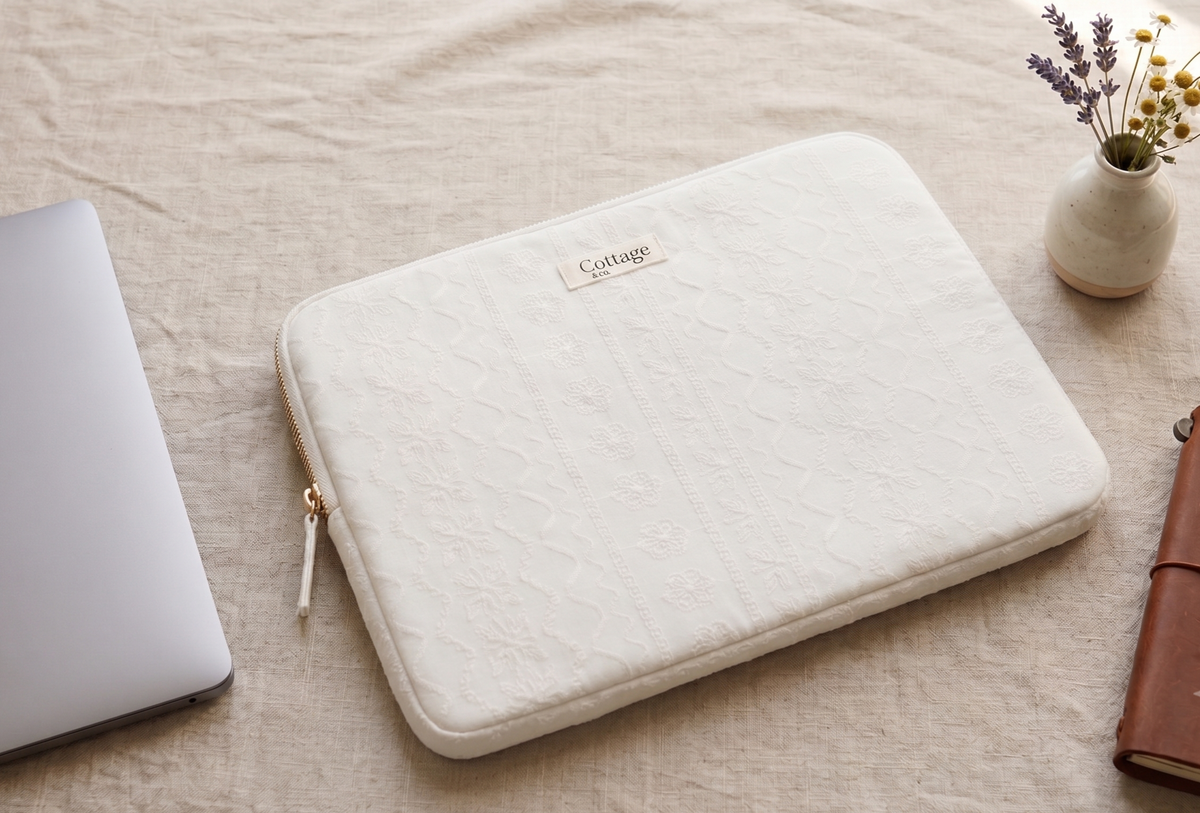 Funda para portátil de algodón: Bouquet coloré taupe