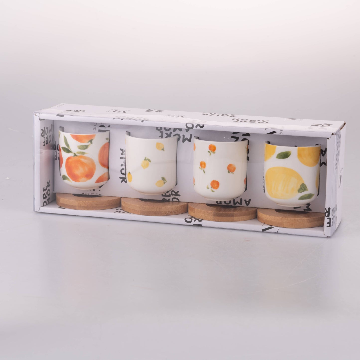 Set de Vida de Frutas 4 Tazas de Café/platillo Bambú 110