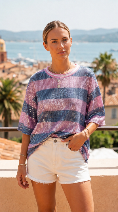 Top a rayas con lentejuelas: Azul celeste / TÚ