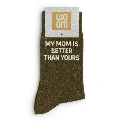 Calcetines con lentejuelas «Mi madre es mejor que la tuya» caqui