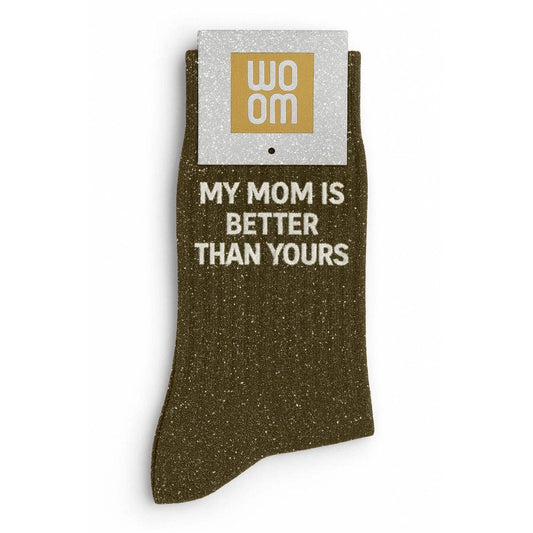 Calcetines con lentejuelas «Mi madre es mejor que la tuya» caqui