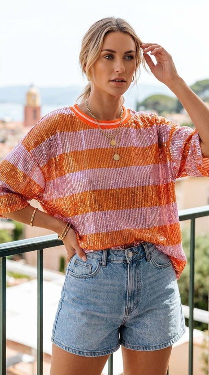 Top a rayas con lentejuelas: Azul celeste / TÚ